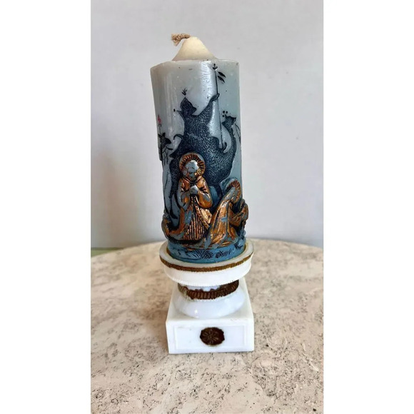 Vintage Blue Gold Christmas Nativity Scene Candle w/ Holder Unburned Handcrafted - Picture 4 of 12